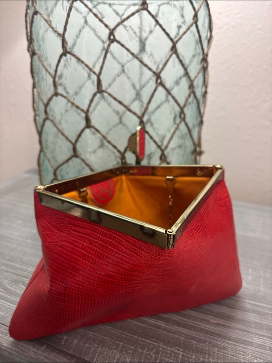 Etra Handbags - Vintage Red yellow snakeskin leather Women’s triangle chain Clutch Bag